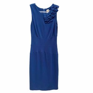 TAYLOR Navy Blue Sleeveless Sheath Dress Shoulder Ruffle Classic Mad Men